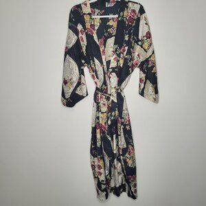 Vintage 80s 90s black floral fan print tie waist robe old money romantic robe